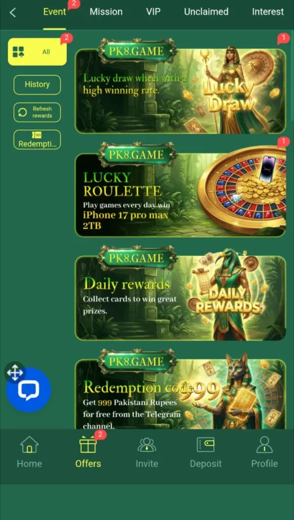 PK8. Game offers bonus & funds