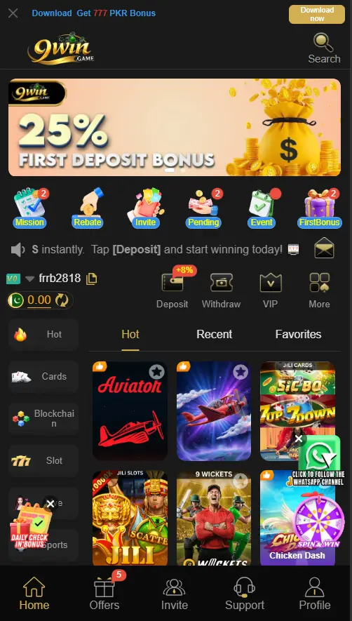 9Win Game Dashboard screen short