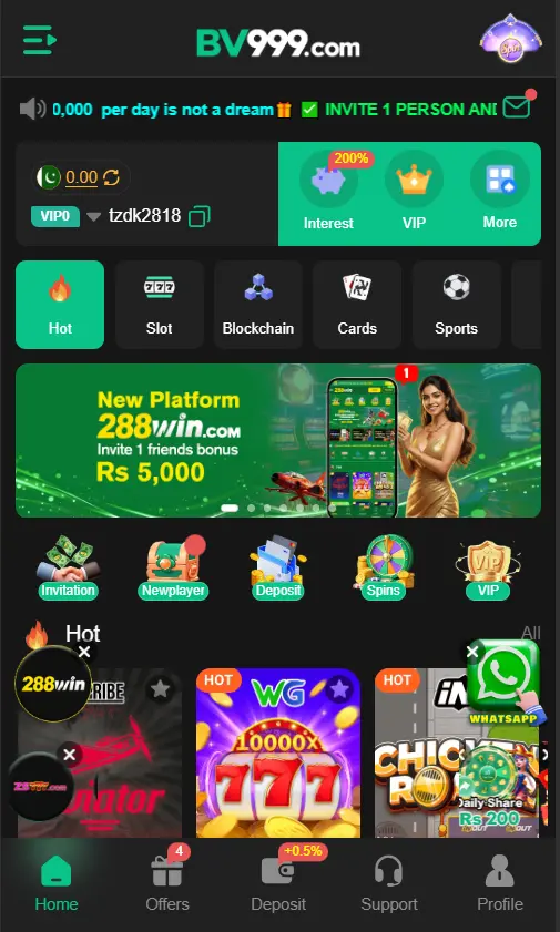 BV999 Game Dashboard Screen Image
